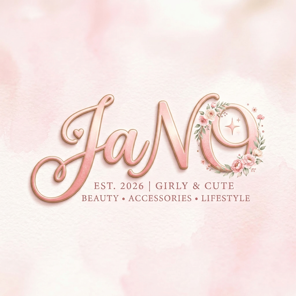 JaNo logo with floral decorated letter O and text EST. 2023 GIRLY & CUTE BEAUTY ACCESSORIES LIFESTYLE